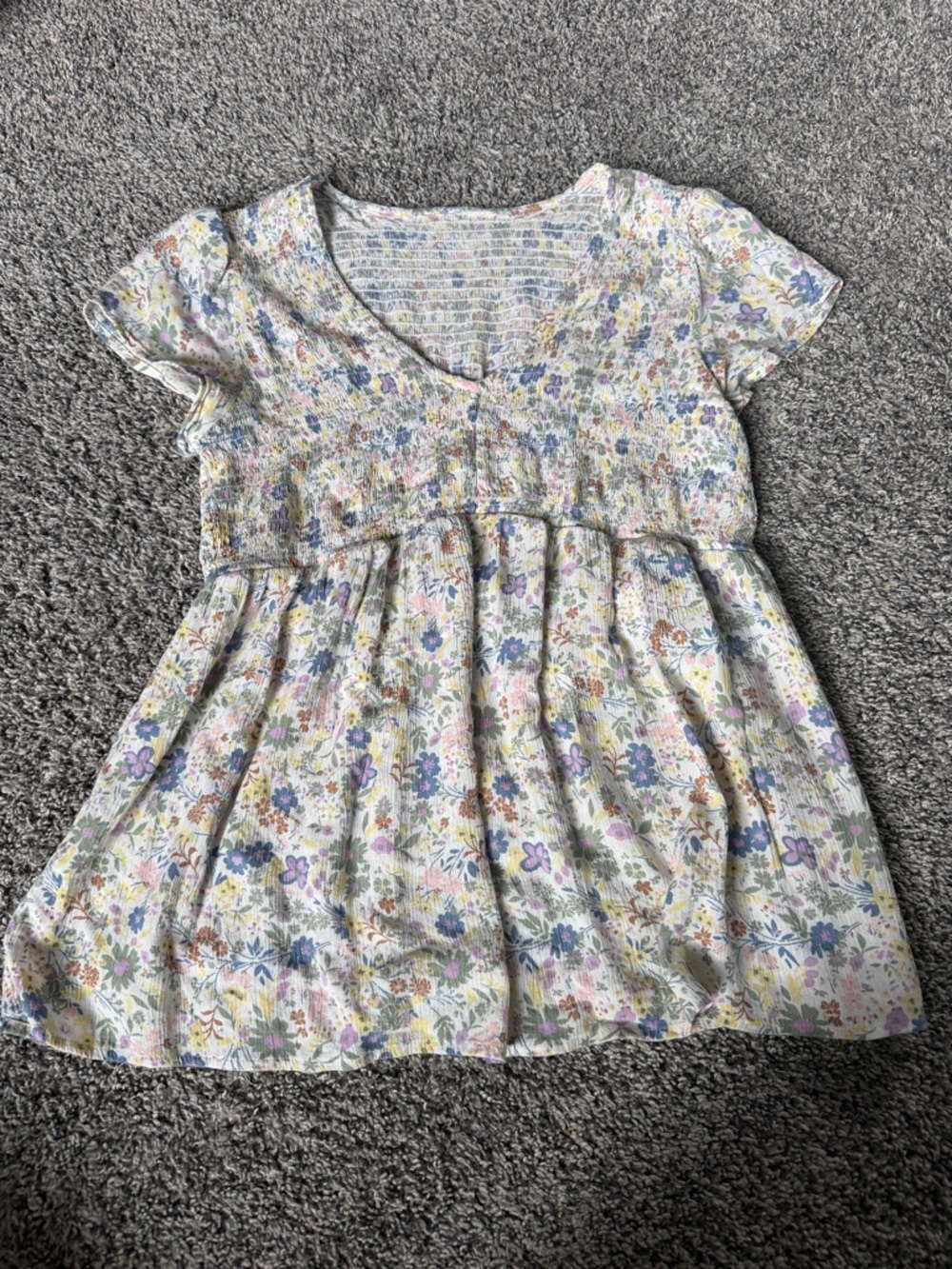 Floral Smocked Waist Short Sleeve Babydoll Top - Pastel Floral